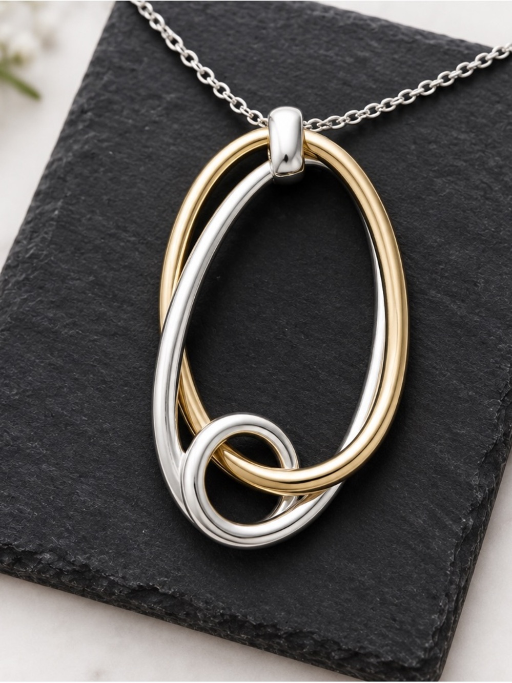Avon Gold and Silver Intertwined Oval Pendant Necklace